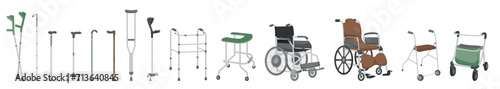 Group of walking aids on white background