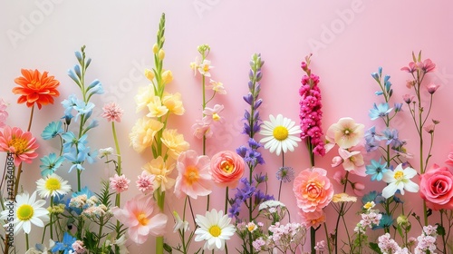 Arrangement of spring flowers against a pastel colors background. Blooming concept. Flat lay.
