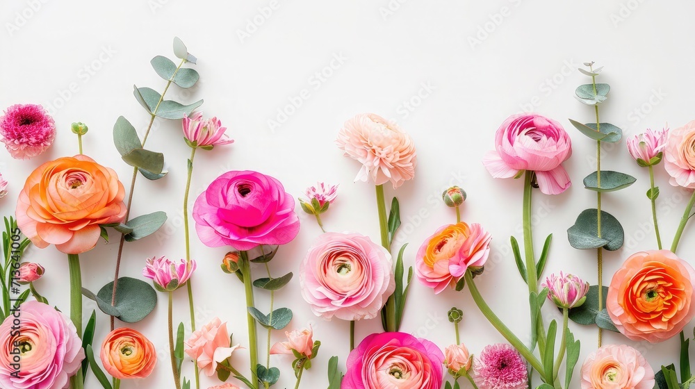 Fototapeta premium Floral border of pink and orange ranunculus, hyacinth and eucalyptus on a white background. Top view