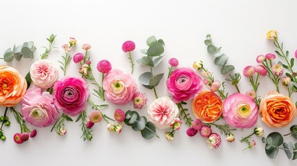 Floral border of pink and orange ranunculus, hyacinth and eucalyptus on a white background. Top view
