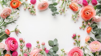 Floral border of pink and orange ranunculus, hyacinth and eucalyptus on a white background. Top view