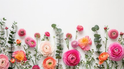 Floral border of pink and orange ranunculus, hyacinth and eucalyptus on a white background. Top view
