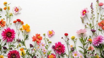 Floral border of pink and orange ranunculus, hyacinth and eucalyptus on a white background. Top view