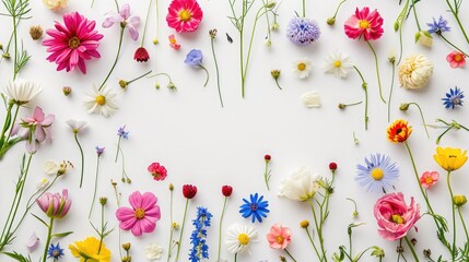 Floral border of pink and orange ranunculus, hyacinth and eucalyptus on a white background. Top view