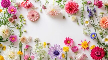 Floral border of pink and orange ranunculus, hyacinth and eucalyptus on a white background. Top view