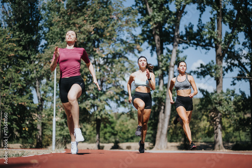 Fit and athletic females jogging in a city park, enjoying a sunny day outdoors. They engage in outdoor sports, training together and embracing a healthy lifestyle.
