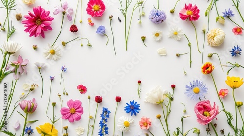 Floral border of pink and orange ranunculus, hyacinth and eucalyptus on a white background. Top view © buraratn