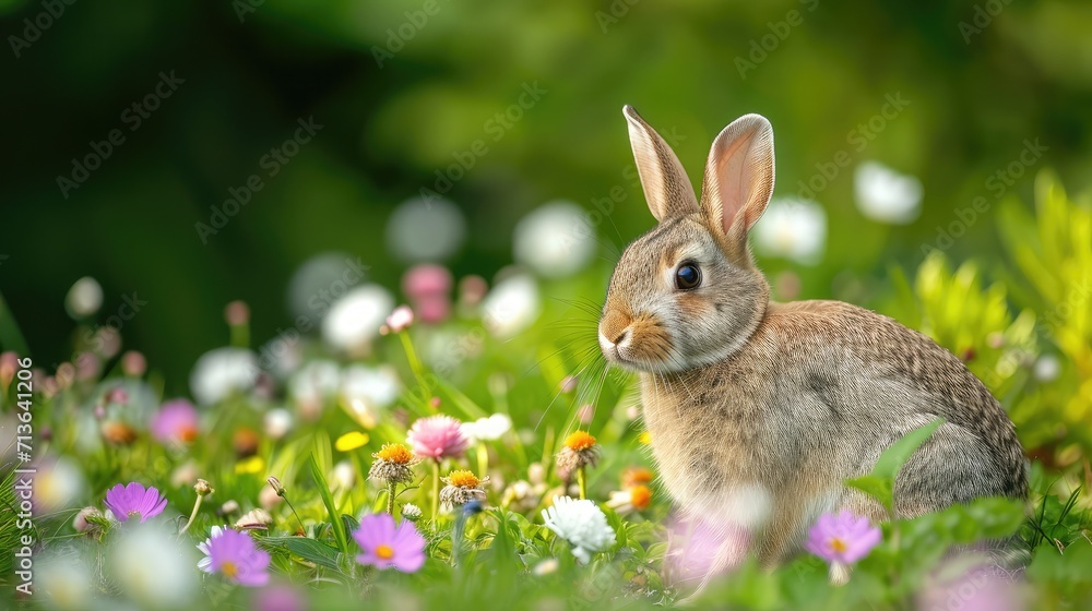 Fototapeta premium Rabbit in the meadow with flowers, shallow depth of field