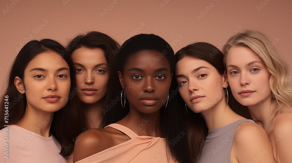Portrait of different women of different races, diverse group of women, different hair types and skin tones. Portrait of different women of different races, diverse group of women, different hair types and skin tones.