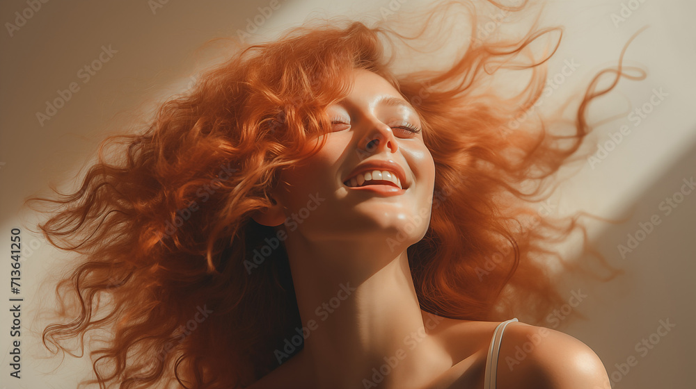 Happy red-haired woman as a healthy and beautiful hair advertising concept Happy red-haired woman as a healthy and beautiful hair advertising concept