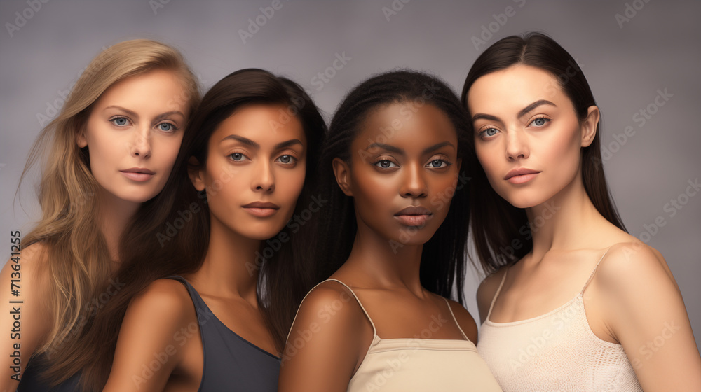 Portrait of different women of different races, diverse group of women, different hair types and skin tones. Portrait of different women of different races, diverse group of women, different hair types and skin tones.