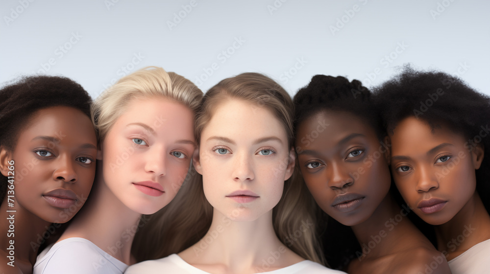 Portrait of different women of different races. Women's History Month, diverse group of women, different hair types and skin tones. Portrait of different women of different races. Women's History Month, diverse group of women, different hair types and skin tones.