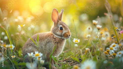 Rabbit in the meadow with flowers, shallow depth of field