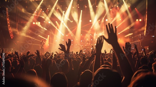 Stage lights and crowd of audience with hands raised at a music festival.