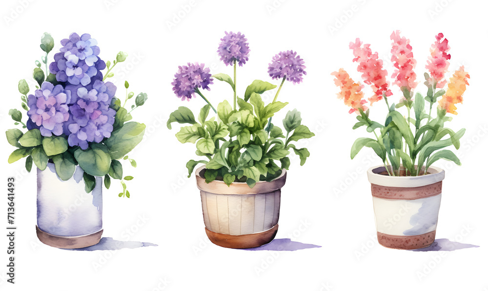 Beautiful watercolor flower pots, Generative AI