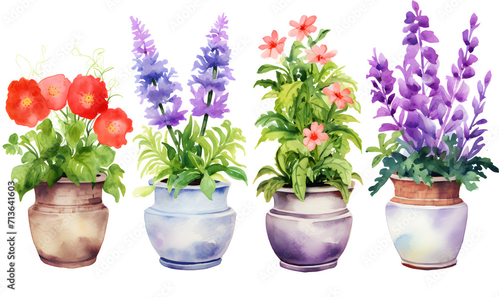 Beautiful watercolor flower pots, Generative AI