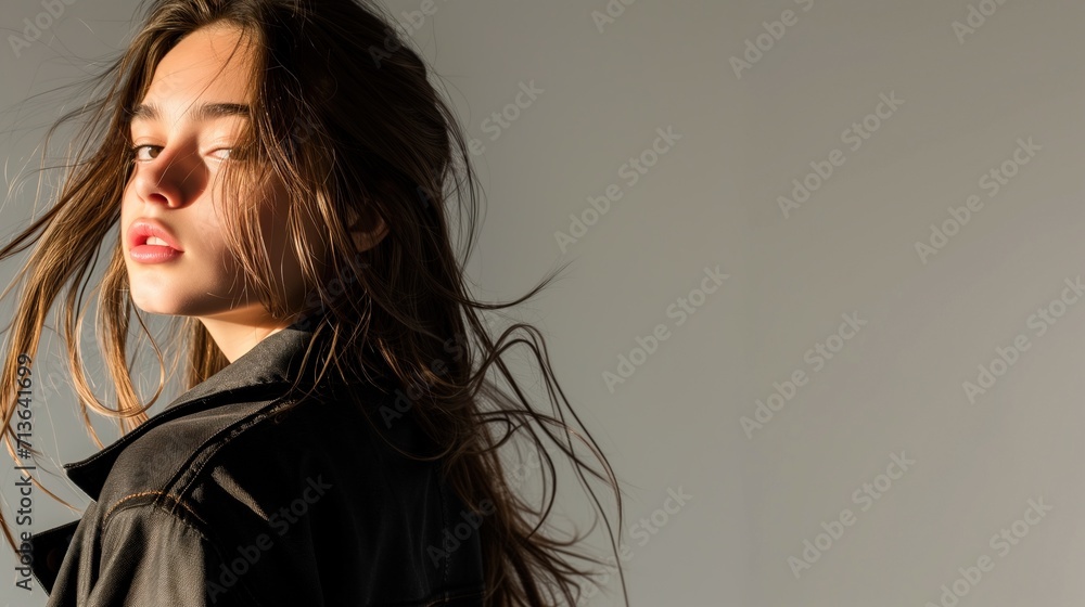 Fashion portrait of young female fashion model, flowing brown hair, brown eyes, white studio background Fashion portrait of young female fashion model, flowing brown hair, brown eyes, white studio background