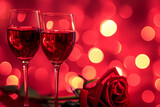 two glasses of red wine on the red background