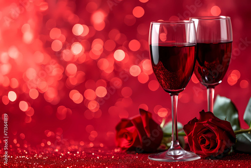 two glasses of red wine on the red background