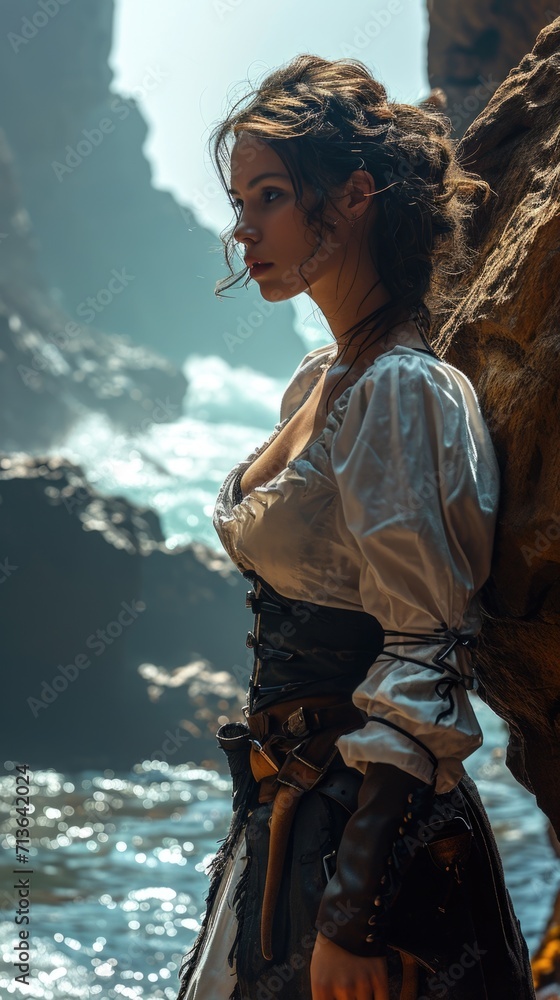 Fototapeta premium Adventurous spirit: a female pirate of the Caribbean dons corsair clothing, sailing the high seas with swashbuckling style and a rebellious flair for maritime plunder and daring escapades.