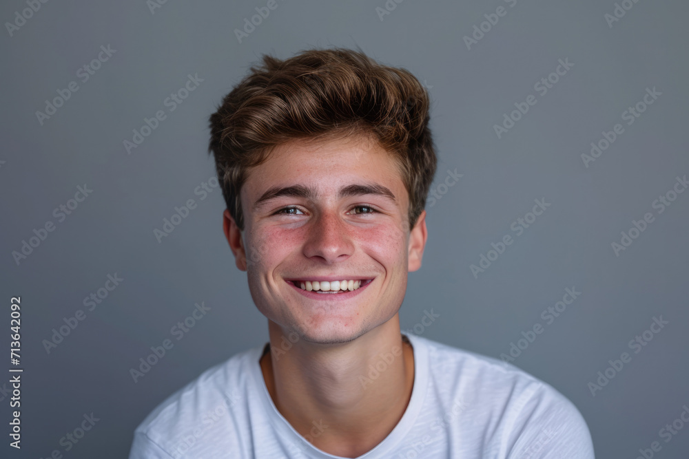 A young man in a white shirt smiles for the camera A young man in a white shirt smiles for the camera
