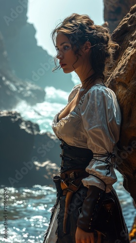 Adventurous spirit: a female pirate of the Caribbean dons corsair clothing, sailing the high seas with swashbuckling style and a rebellious flair for maritime plunder and daring escapades.