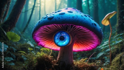creatures that resemble mushrooms with neon colors with ugly big eyes monster Psychedelic mushroom trippy  photo