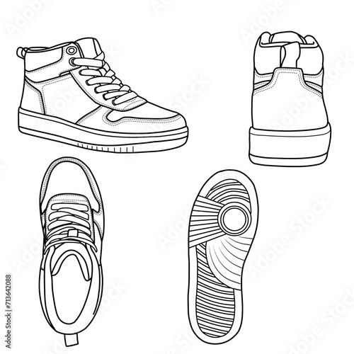 Template vector high top sneaker, outline vector doodle illustration, isolated with white background.