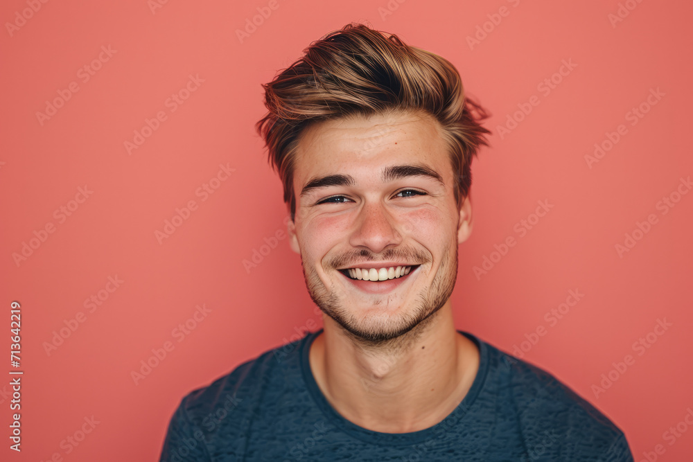 A young man with a beard is smiling in front of a pink background A young man with a beard is smiling in front of a pink background