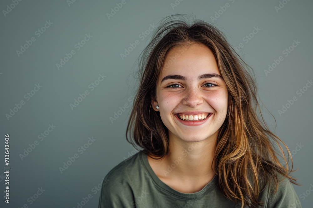 A woman with long hair is smiling and wearing a green shirt A woman with long hair is smiling and wearing a green shirt
