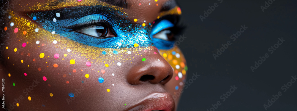 Vibrant Kaleidoscope, A Mesmerizing Close-Up of a Womans Face Adorned With Colorful Makeup
