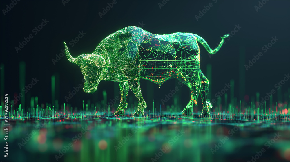 a green stock market bull made of lines, cyrpto currency, forex market , bullish trend a green stock market bull made of lines, cyrpto currency, forex market , bullish trend