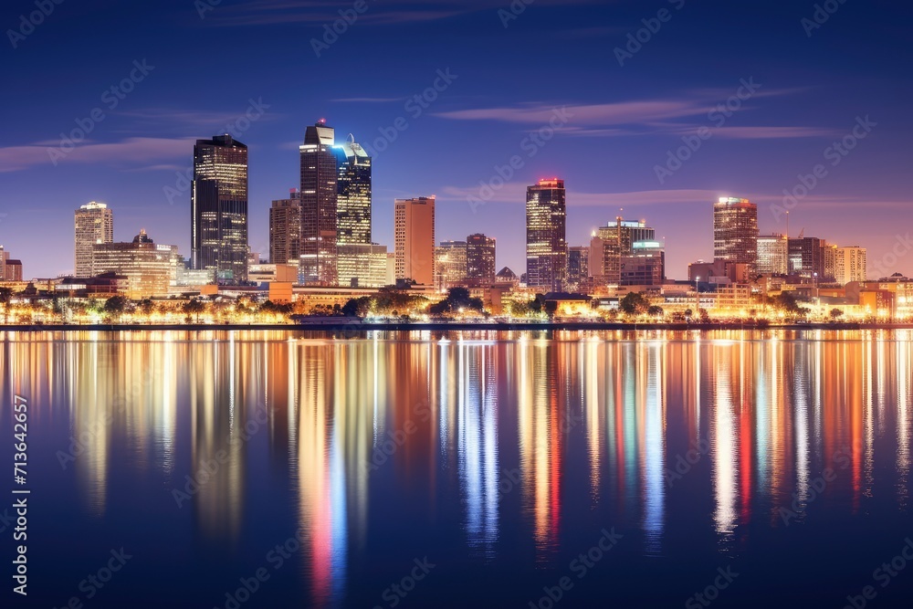 Fototapeta premium City Skyline Reflected in Water, Tranquil and Captivating Urban Landscape