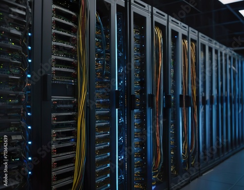 High performance data servers. Glowing cables, high bandwidth. Ultra high performance servers in data center rack, operating at full load