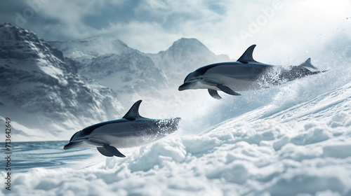 surreal, dolphins swimming diving in snow without water, dolphins in antartica , photo manipulation, abstract, made through AI