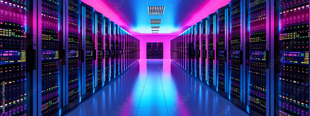the server room in the rack with colorful lights on it - obrazy, fototapety, plakaty 