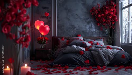 valentine day romantic bedroom with red flowers and balloons