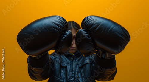 a person with boxing gloves on a yellow background, in the style of a spectacular period show. concept of sacrifice, of sport. of delivery. sportsmanship © Enrique