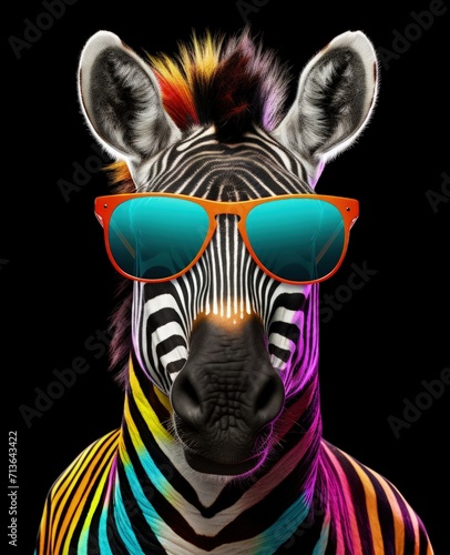 zebra portrait with sunglasses  Funny animals in a group together looking at the camera  wearing clothes  having fun together  taking a selfie  An unusual moment full of fun and fashion consciousness.