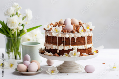 Easter layered cake with frosting and drips of glaze decorated with chocolate eggs