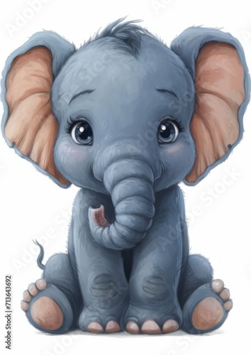 An adorable baby elephant in a cartoon style on a white background. 