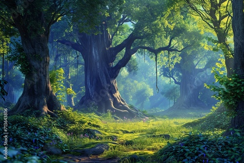 A beautiful fairytale enchanted forest with big trees and great vegetation. Digital painting background