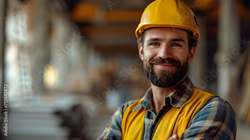 Cheerful bearded worker in yellow safety helmet and yellow vest smiles happily  © Yi_Studio