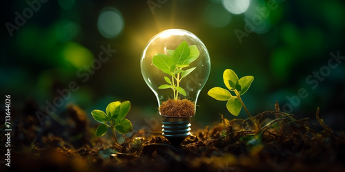 Light bulb holding up a green plant in the ground, in the style of light yellow and dark emerald, radical inventions, serene atmospheres, technological marvels, precise, weathercore, earthy tones. photo