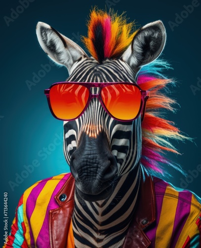 zebra portrait with sunglasses, Funny animals in a group together looking at the camera, wearing clothes, having fun together, taking a selfie, An unusual moment full of fun and fashion consciousness.
