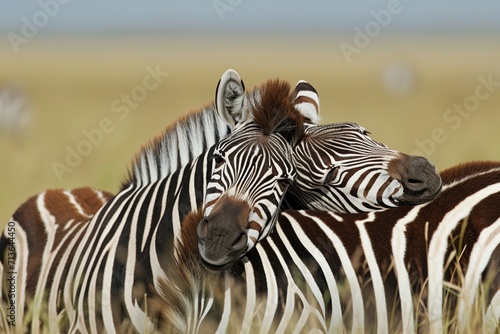 A zebra foal  Equus quagga  rests its head on the back of another zebra