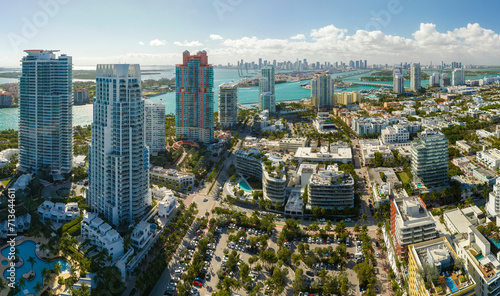 Aerial view of South Beach architecture. Miami Beach city with high luxury hotels and condos. Tourist infrastructure in southern Florida, USA