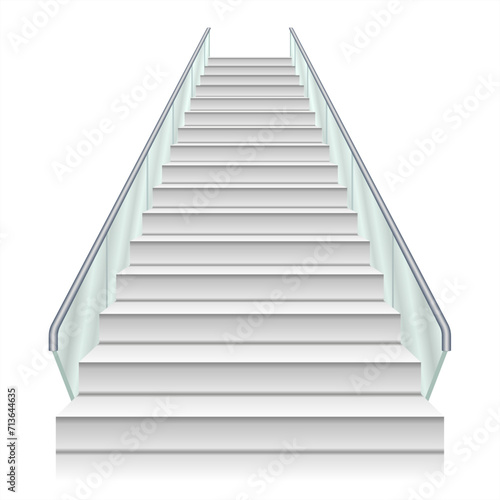 A modern staircase with transparent glass railings, blending seamlessly into a minimalist interior. Color staircase realistic illustration, isolated on white background. Front view of white staircase. © Art_freeman
