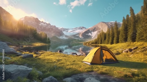 A camping tent in a nature hiking spot Relaxing during Ai Generative photo