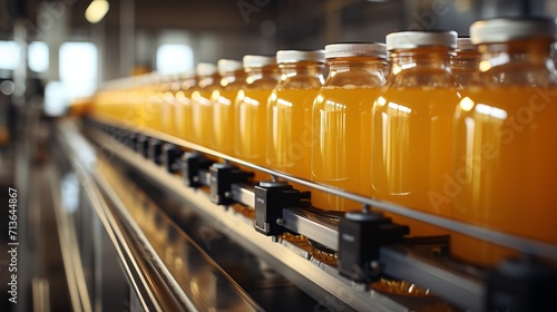 Beverage factory interior, modern equipment, juice bottles on belt conveyor in production line